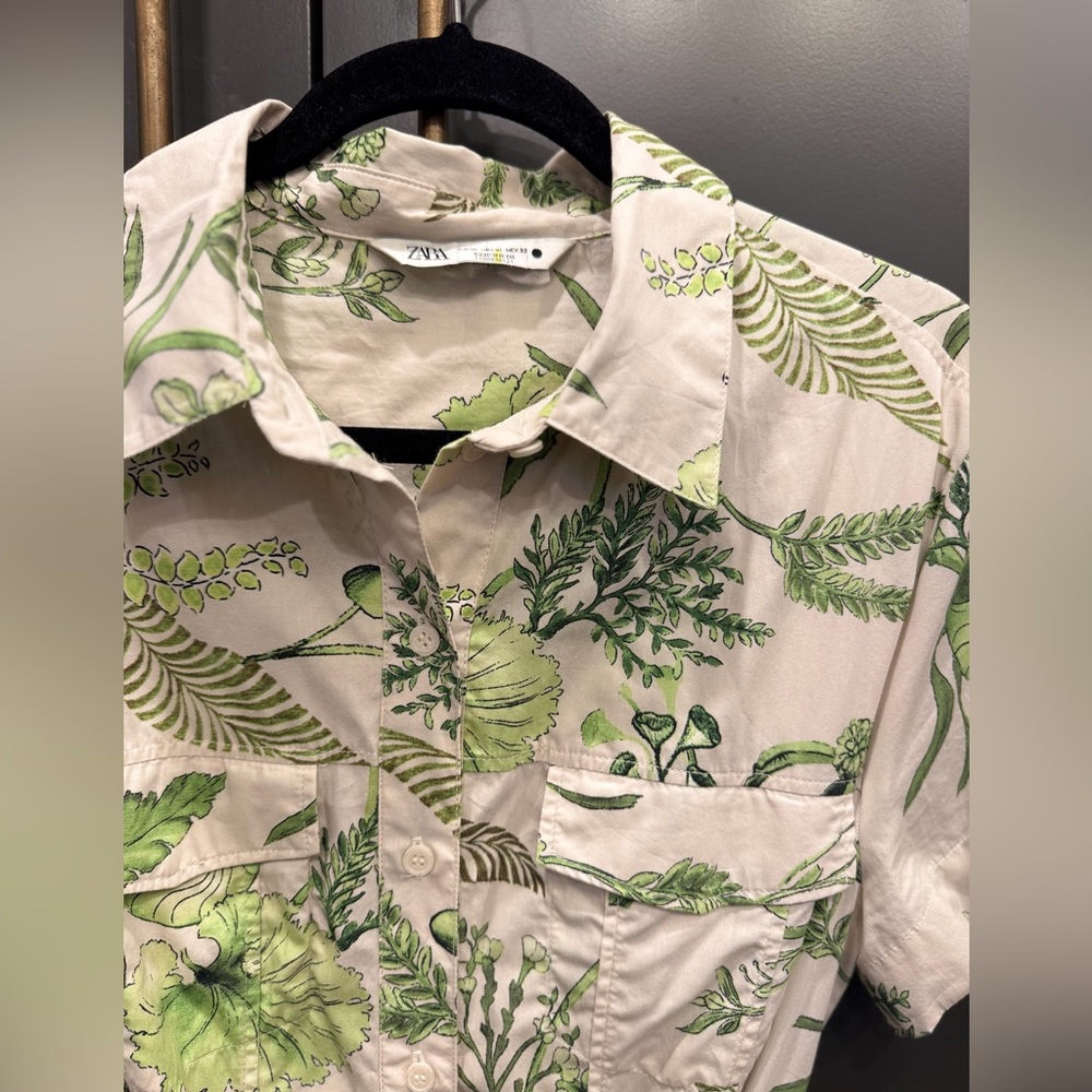 ZARA Botanical Print Belted Maxi Shirt Dress Green Floral Safari Style Size XL - Picture 4 of 5
